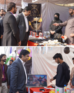 Chairman University of Rawalpindi Dr. Muhammad Abubakar interacting with student stall owners during the UOR Entrepreneurship Gala 2025