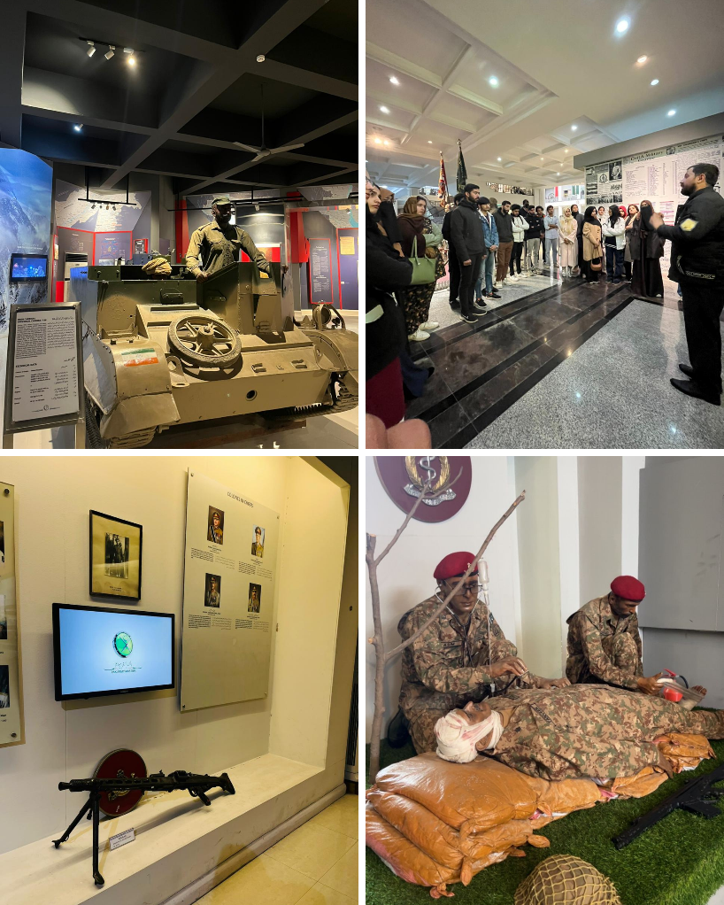 Military tanks, CPR training mannequins, and an army personnel briefing visitors at the Army Museum.