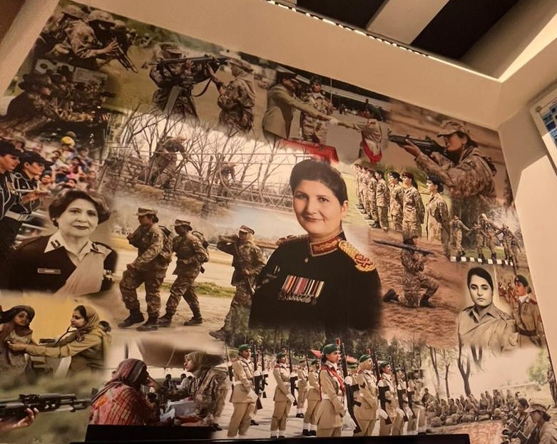 Poster highlighting General Nigar and women officers of the Pakistan Army as part of leadership-focused learning displays.