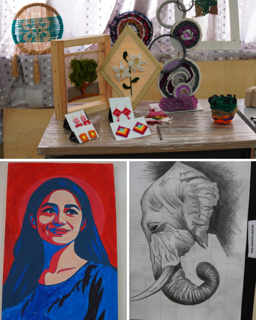 Collection of varied student artworks displayed together during DDCA exhibition at UOR.