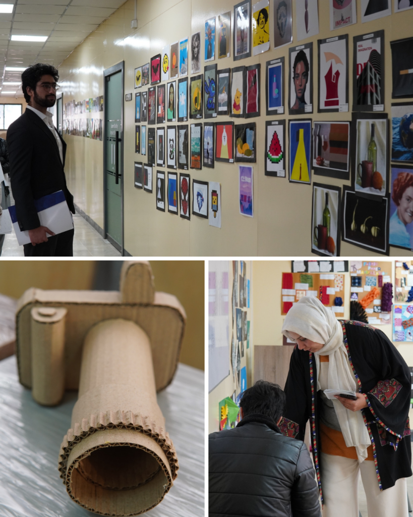 University corridor transformed into art gallery during DDCA exhibition at University of Rawalpindi.