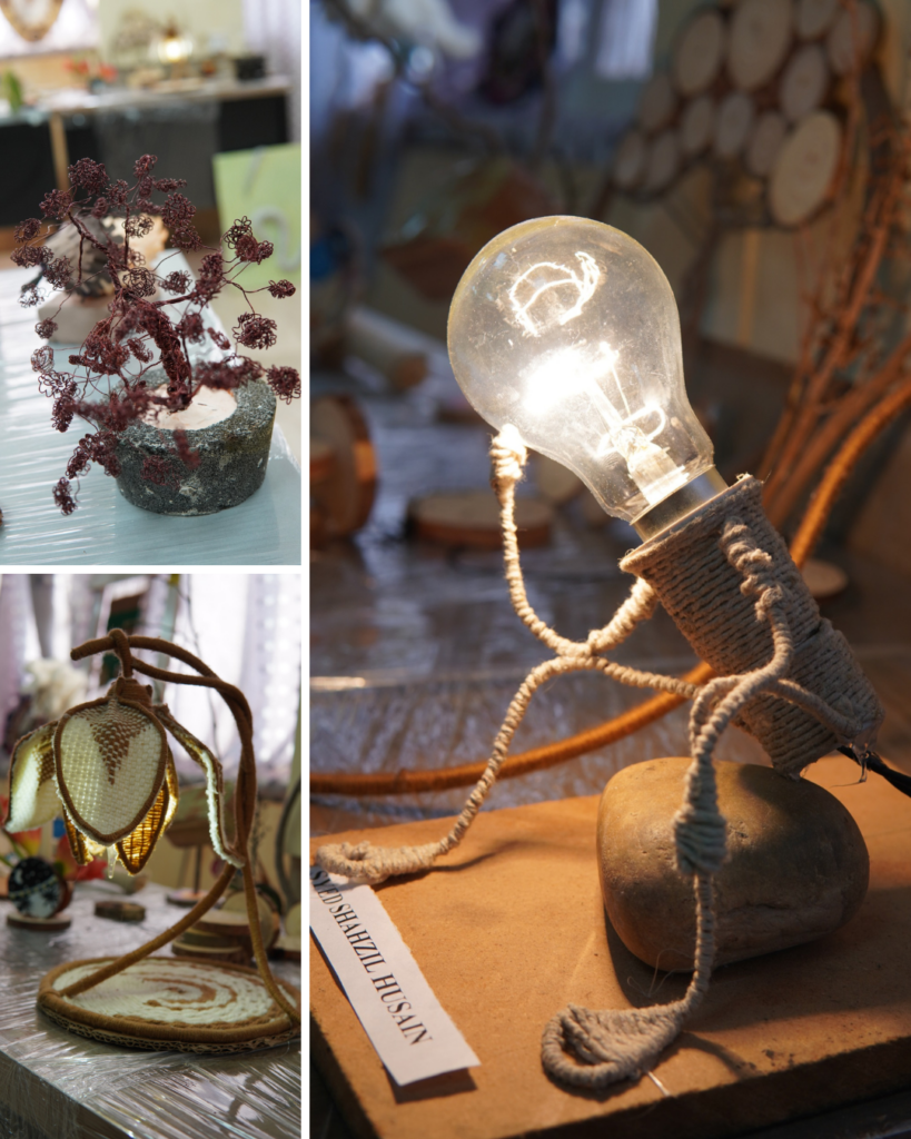 Close-up of DDCA student artwork and crafts display at UOR exhibition