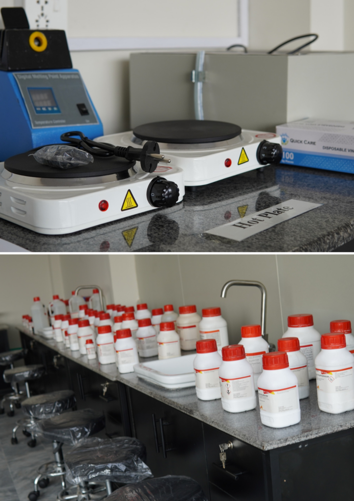 Collage showing chemicals and laboratory equipment at UOR Department of Pharmacy for formulation and analysis.