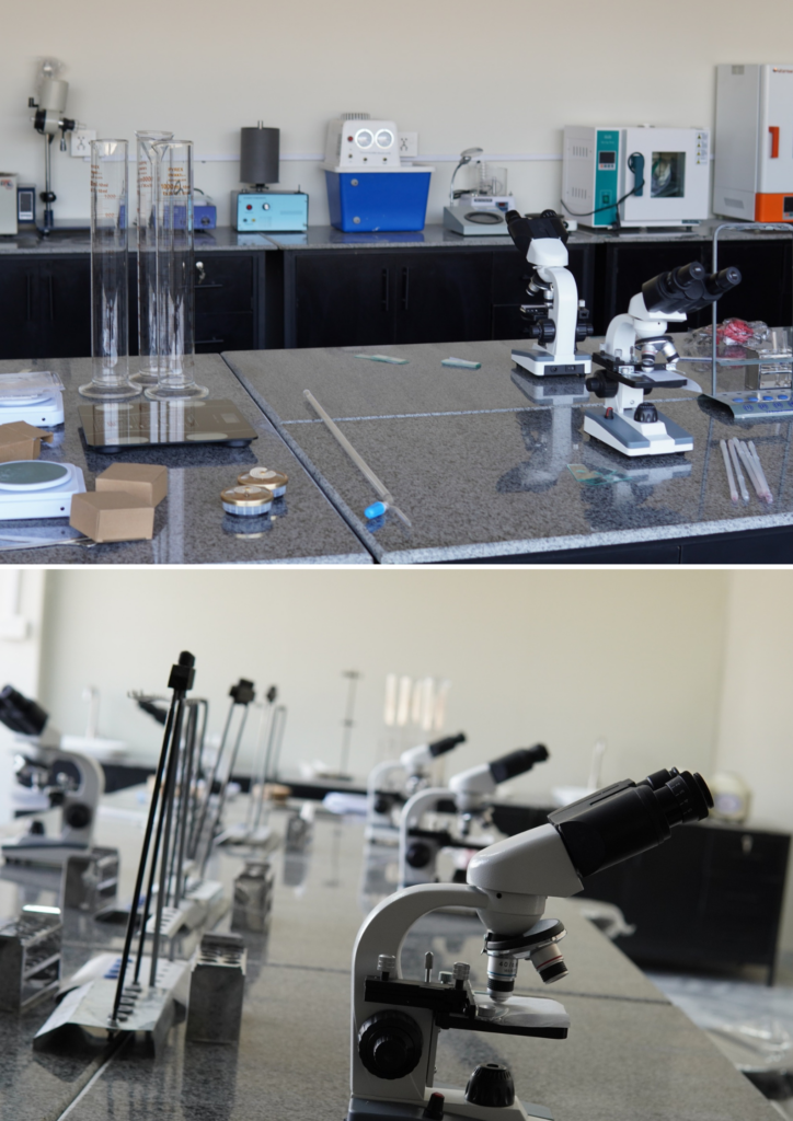 Collage of microscopes and research instruments at University of Rawalpindi Department of Pharmacy for laboratory analysis.