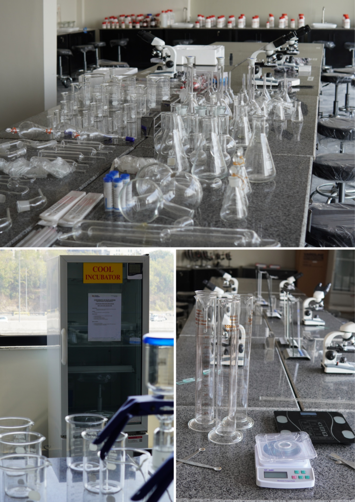 Collage showing flasks, beakers, and jars used by pharmacy students for chemical experiments at UOR.