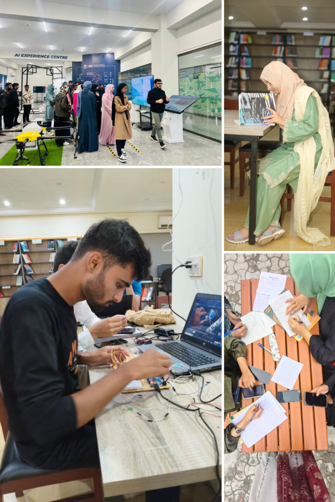 University student studying independently in the library with books and laptop.