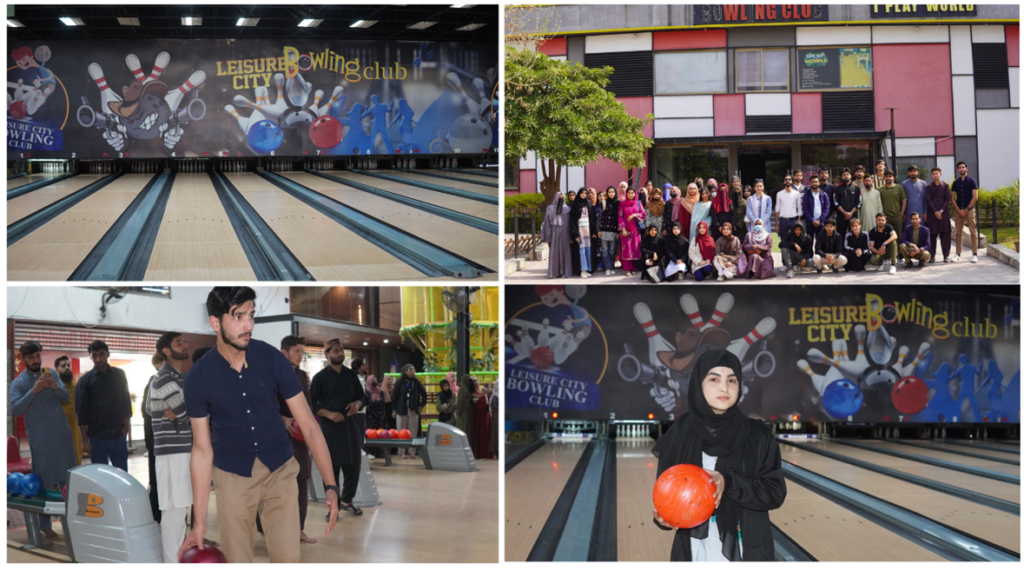 University students playing bowling together during a recreational student trip.